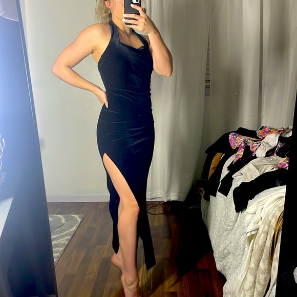 Y2K sexy Black velvet halter slit dress Small - Picture 2 of 2